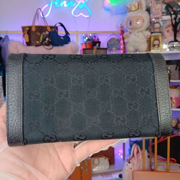 Gucci Vintage Black Monogram Canvas Leather Double Flap Snap Wallet W Box - Picture 4 of 15